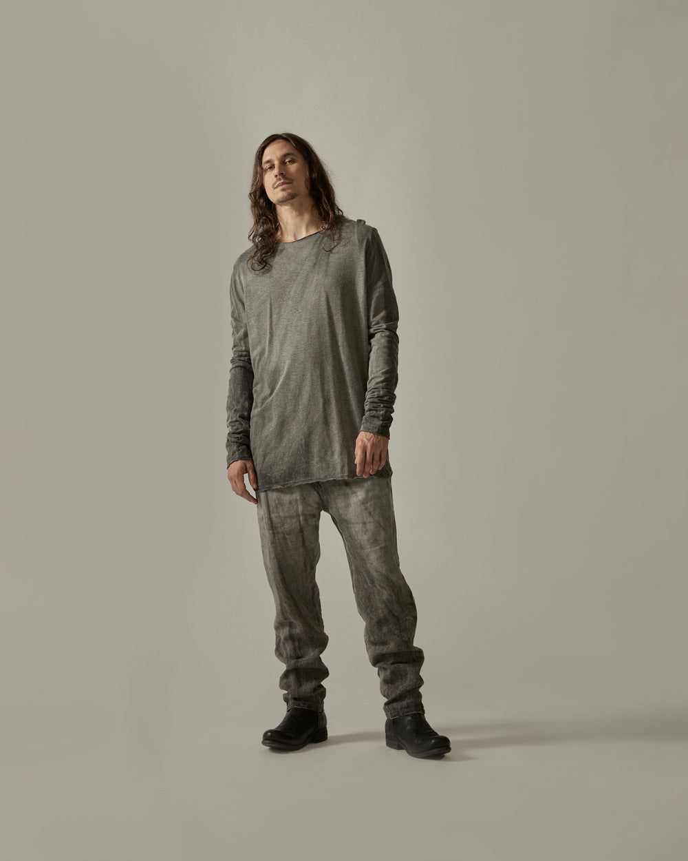 Central Back Seam T Shirt LS Hand Dyed Grey