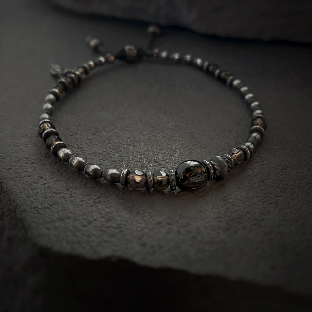 Silver Gypsy Beads Layering Bracelet w/ Smokey Quartz