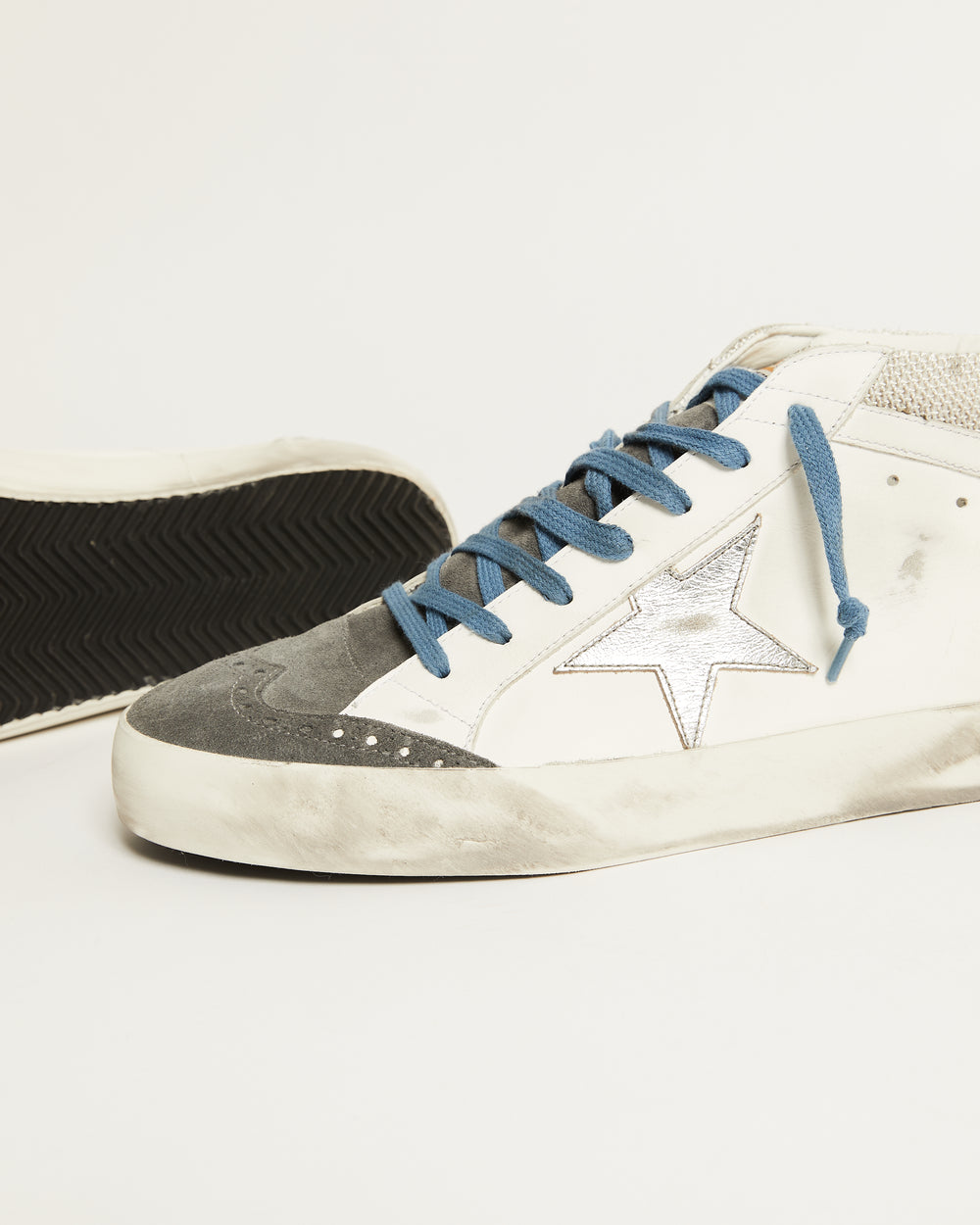 Mid Star Double Quarter in White Leather w/ Dark Grey Suede Toe and Silver Star