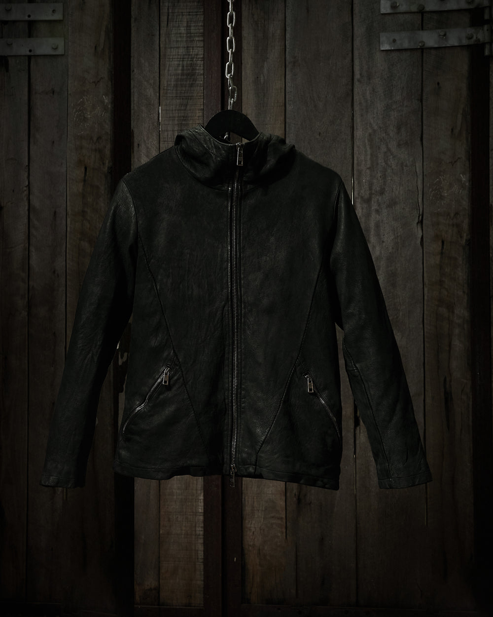 Leather Hooded Jacket Nero GU24F18091VBRUSH