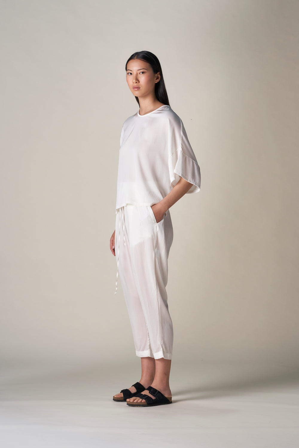 Silk Cropped Easy Pant White