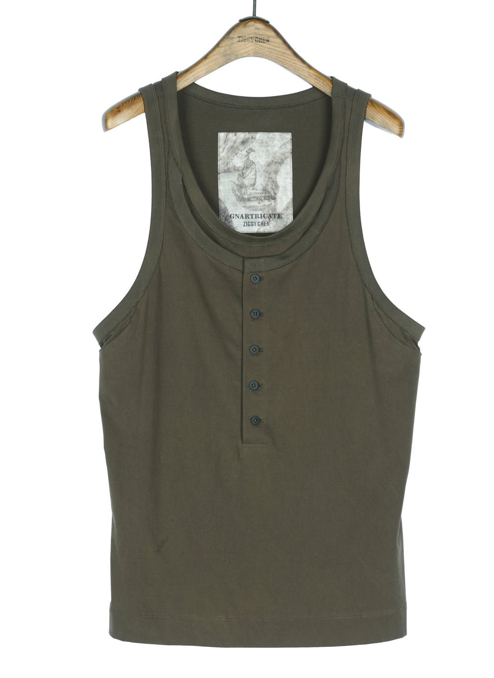 Layered Jersey Henley Neck Tank Top Khaki Green