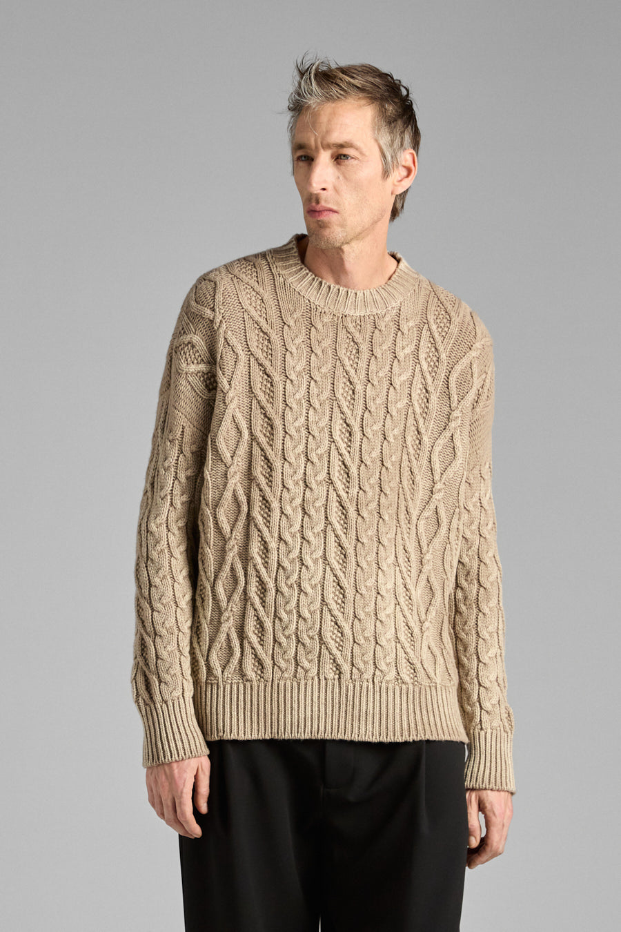 Man Tonal Effect Round Neck Cashmere Wool Pullover w/ Braids Taupe