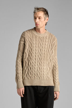 Man Tonal Effect Round Neck Cashmere Wool Pullover w/ Braids Taupe