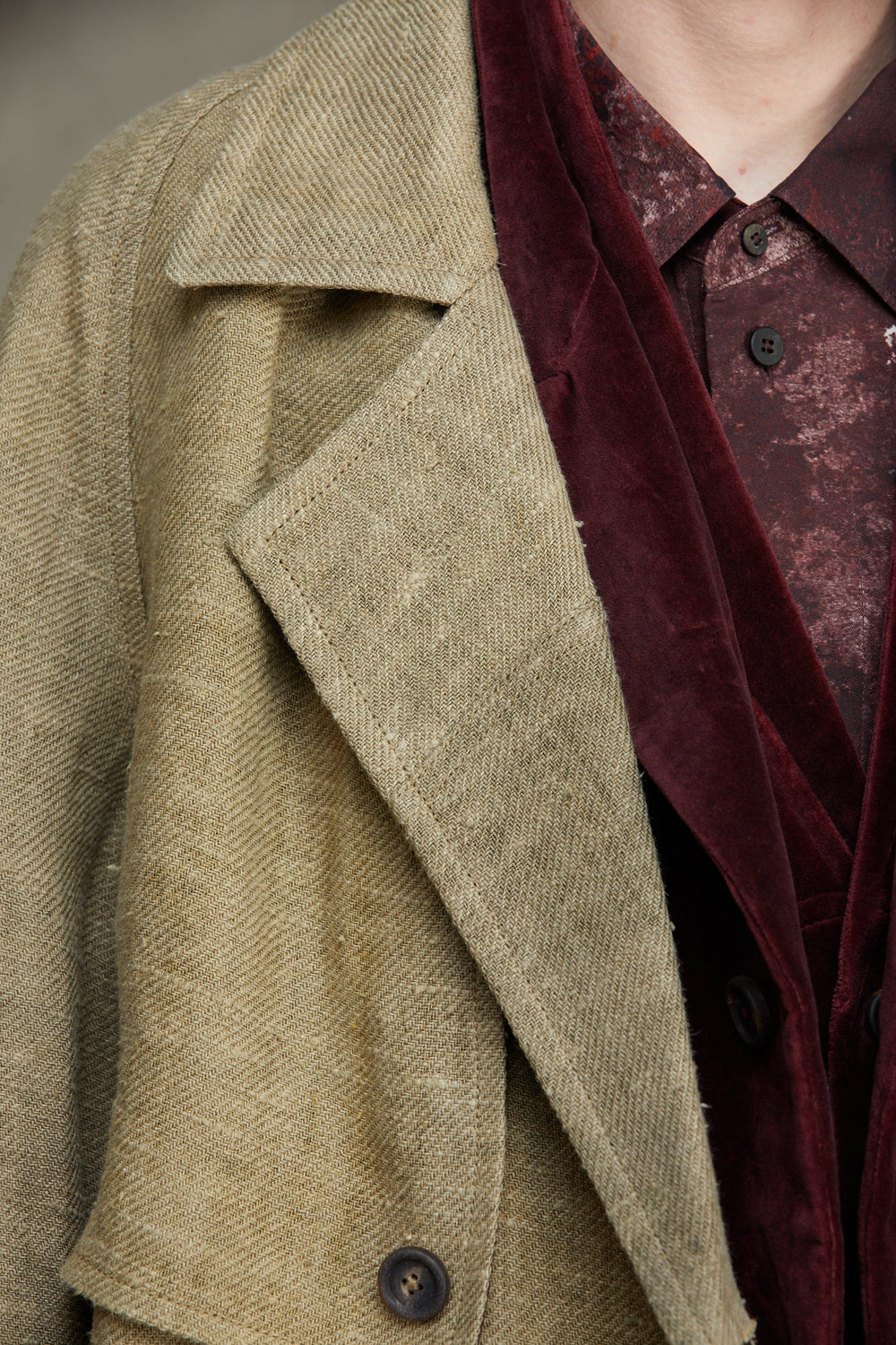 Mens Double Breasted Coat Linen Faded Olive