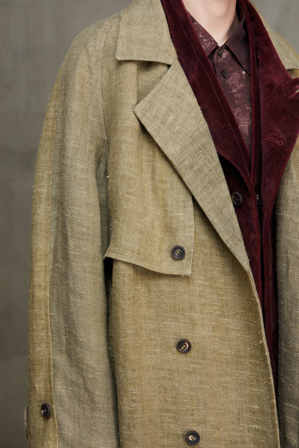 Mens Double Breasted Coat Linen Faded Olive