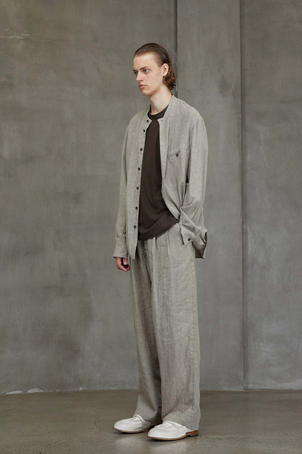 Classic Mandarin Collar Shirt Faded Stone