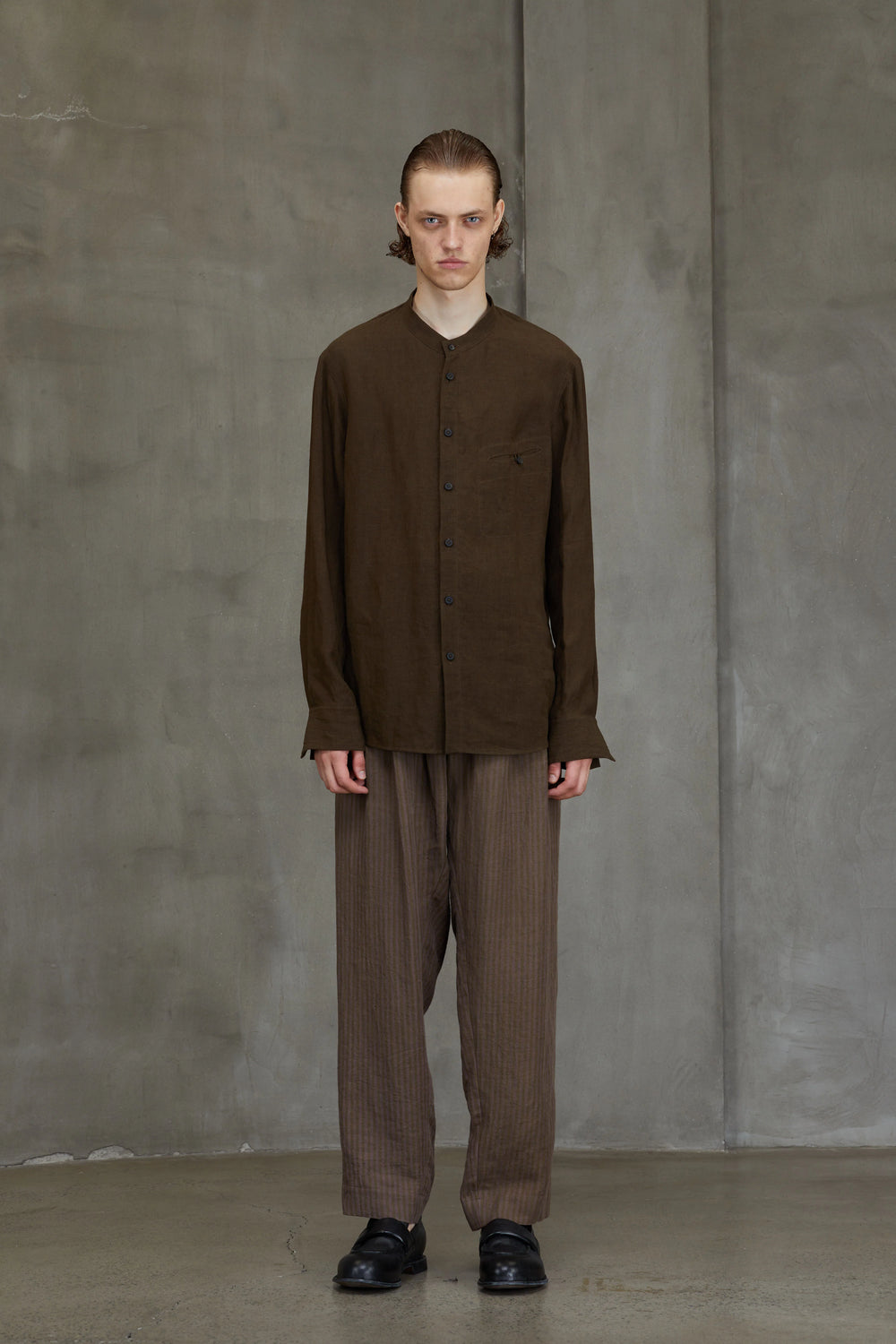 Puppytooth Mandarin Collar Shirt Khaki Brown