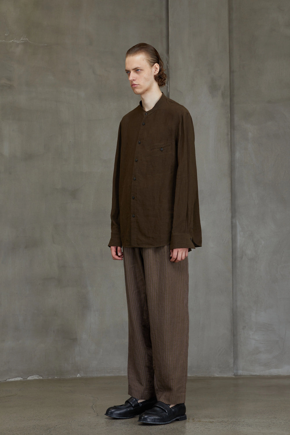 Puppytooth Mandarin Collar Shirt Khaki Brown