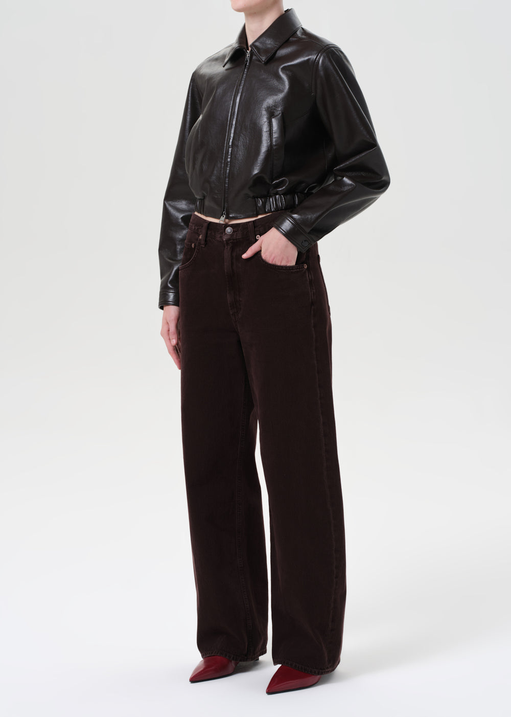 Essie Recycled Cropped Leather Jacket Chocolate