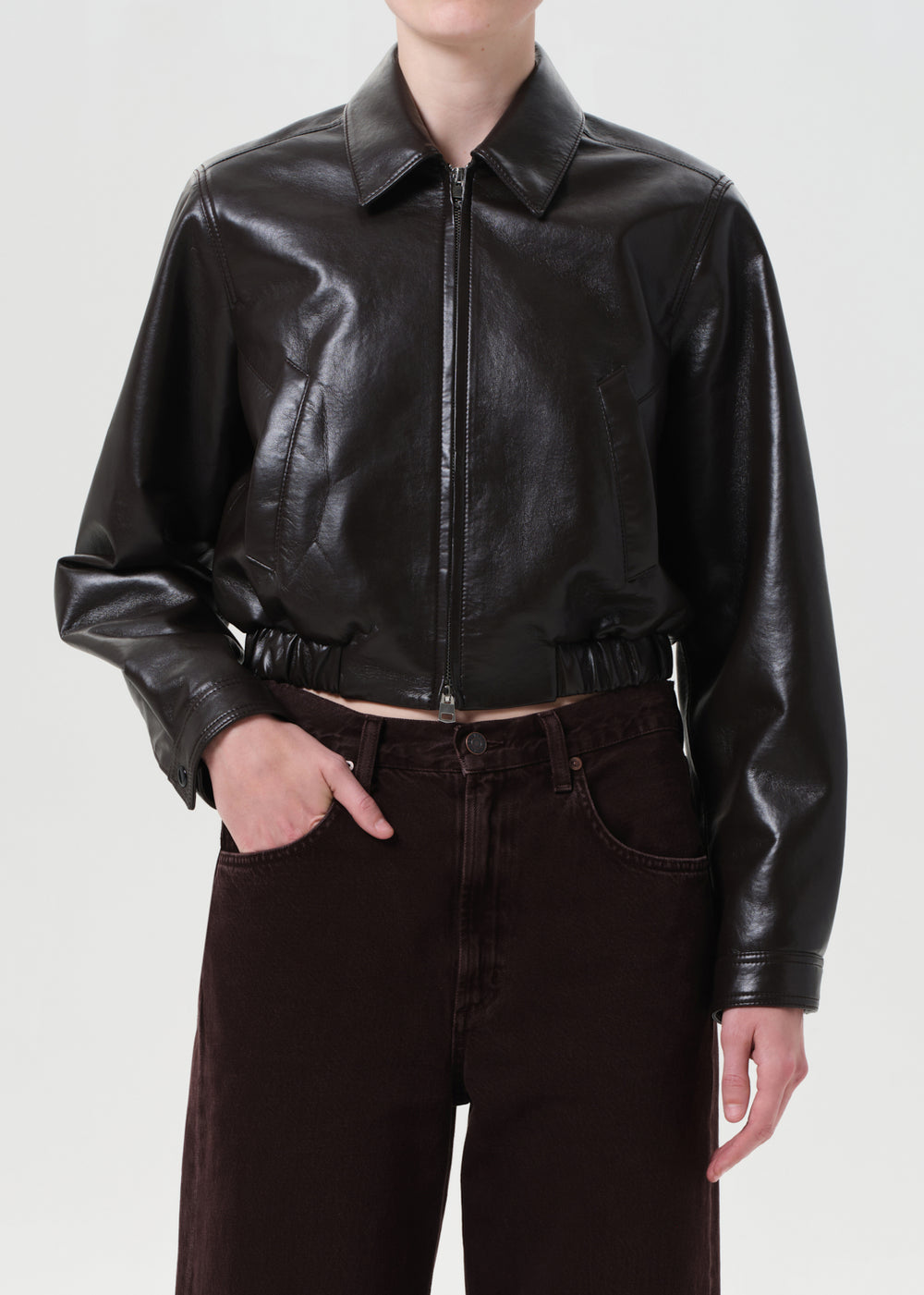 Essie Recycled Cropped Leather Jacket Chocolate