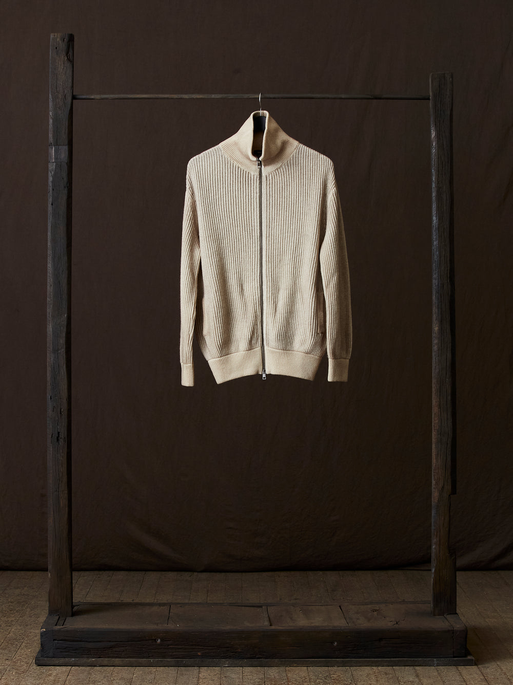 Hand Painted High Neck Ribbed Cardgian w/ Zip Taupe