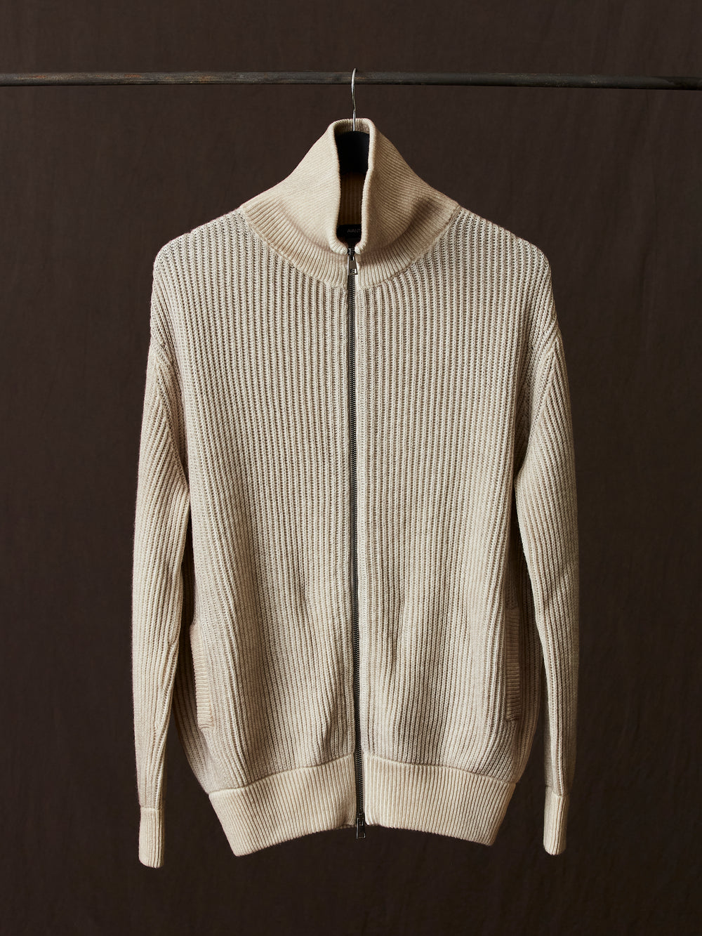 Hand Painted High Neck Ribbed Cardgian w/ Zip Taupe