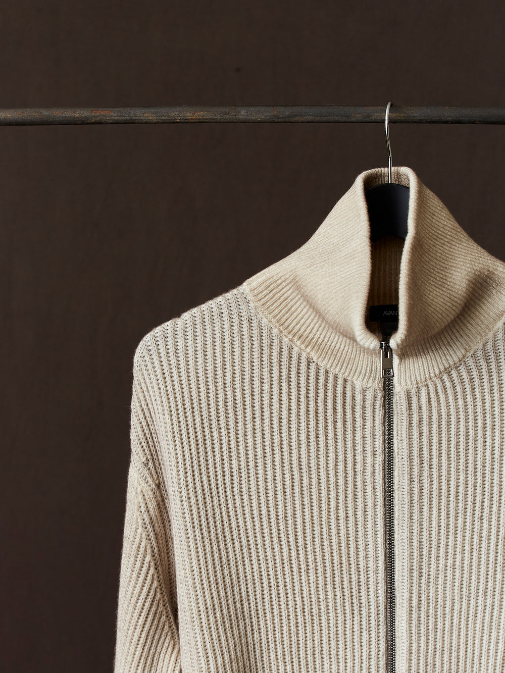 Hand Painted High Neck Ribbed Cardgian w/ Zip Taupe