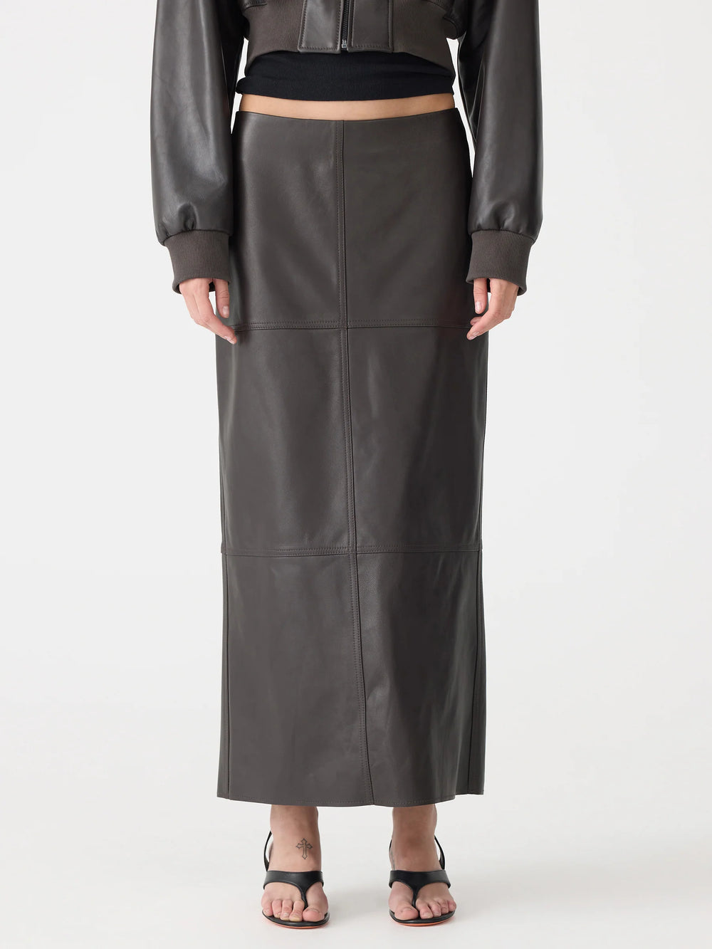 Paneled Leather Skirt Carob