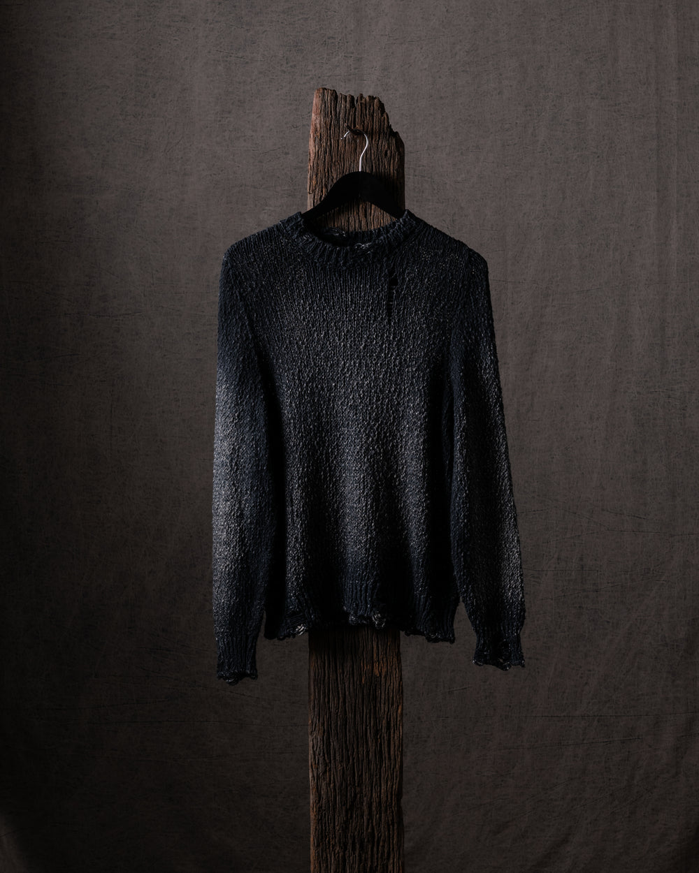 Woman Hand-Painted Raw Linen Cotton Pullover w/ Destroyed Edges N/Nero