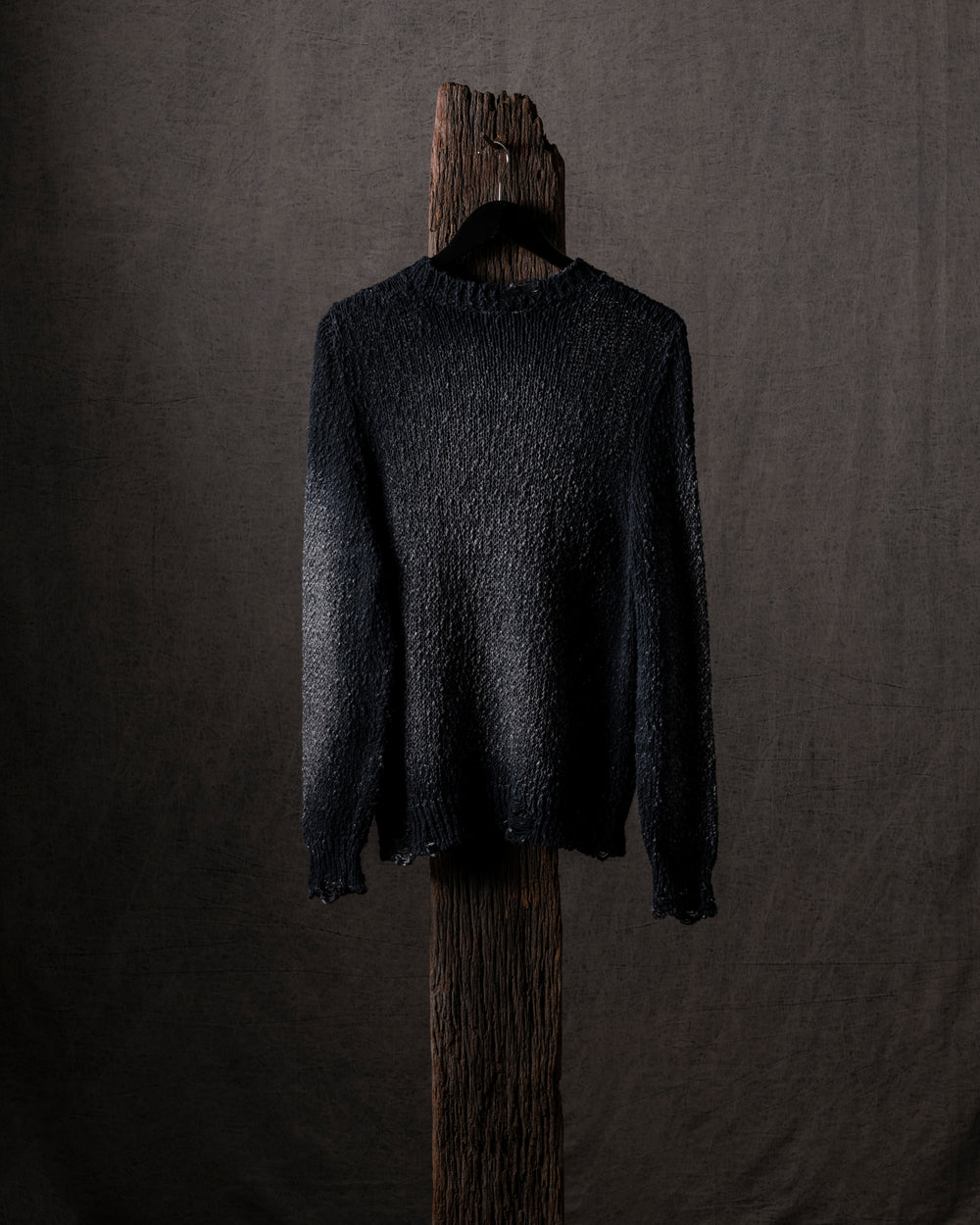 Woman Hand-Painted Raw Linen Cotton Pullover w/ Destroyed Edges N/Nero