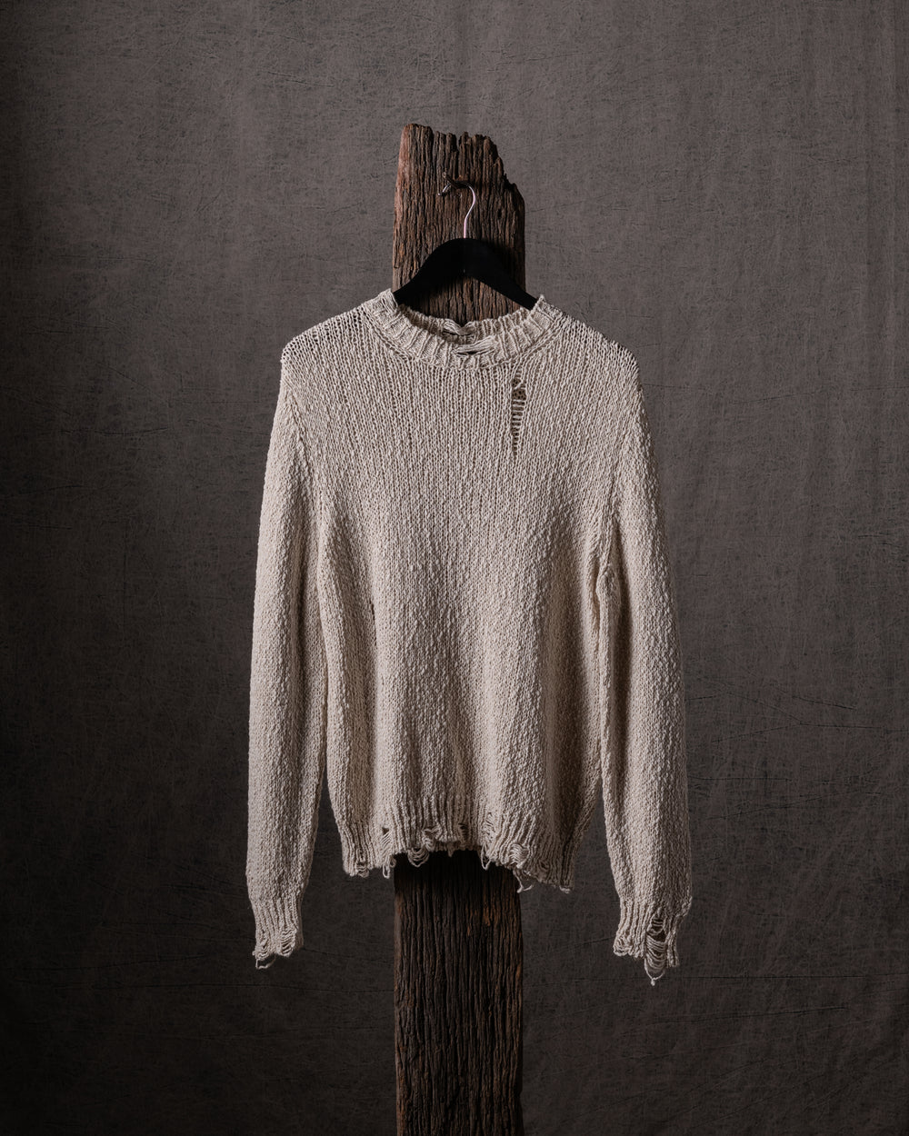 Man Hand Painted Raw Linen Cotton Pullover w/ Destroyed Effect Naturale