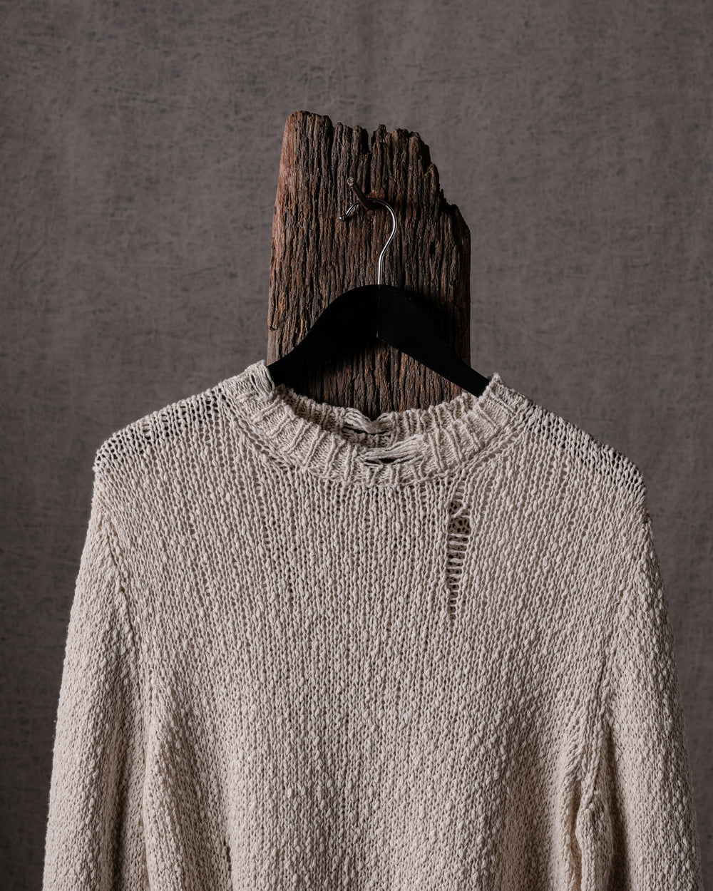 Man Hand Painted Raw Linen Cotton Pullover w/ Destroyed Effect Naturale