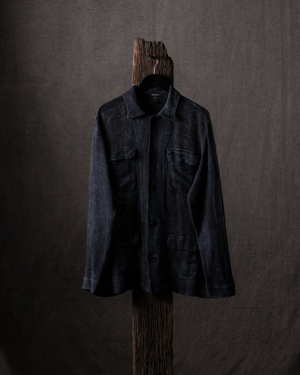 Man Distressed Cotton Linen Net Shirt w/ Pockets Nero