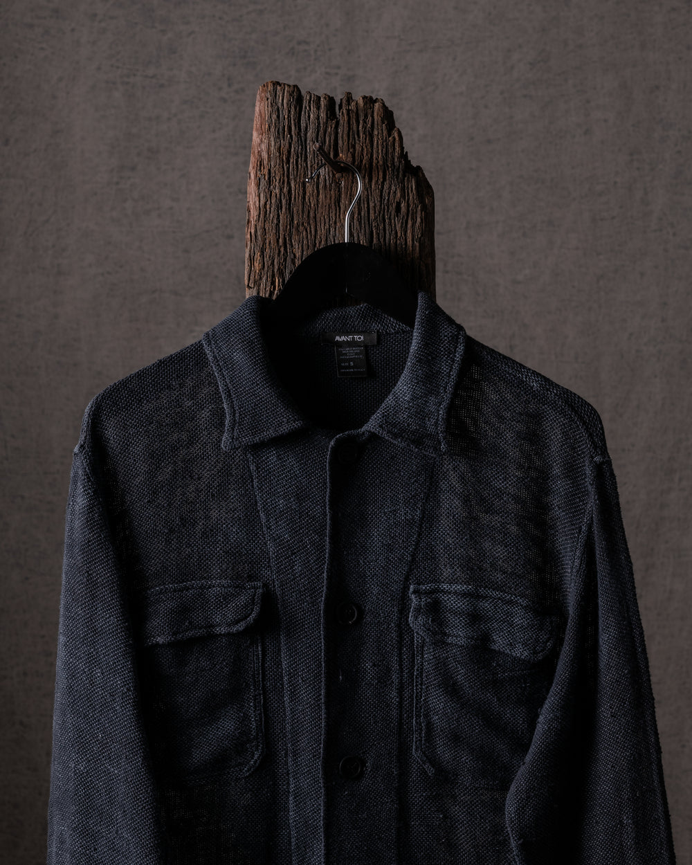 Man Distressed Cotton Linen Net Shirt w/ Pockets Nero