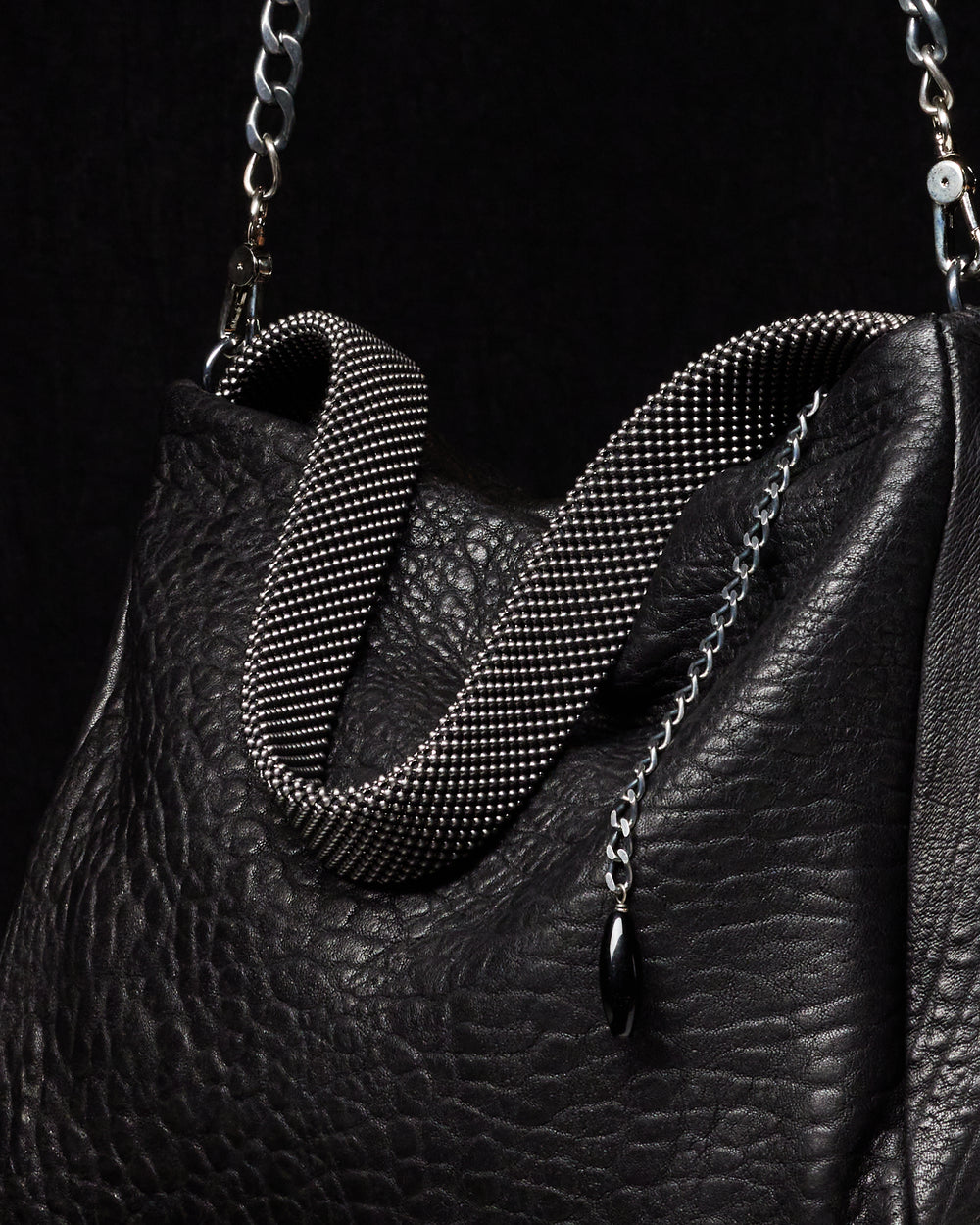 Black Paula Leather Shoulder Bag with Silver Chain