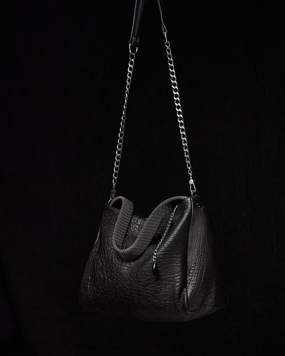 Black Paula Leather Shoulder Bag with Silver Chain