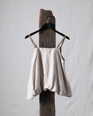 Boat Neck Linen Silk Striped Twill Gathered Top