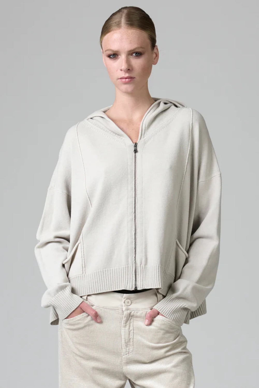 Wool Blend Zip Hooded Jacket Chalk