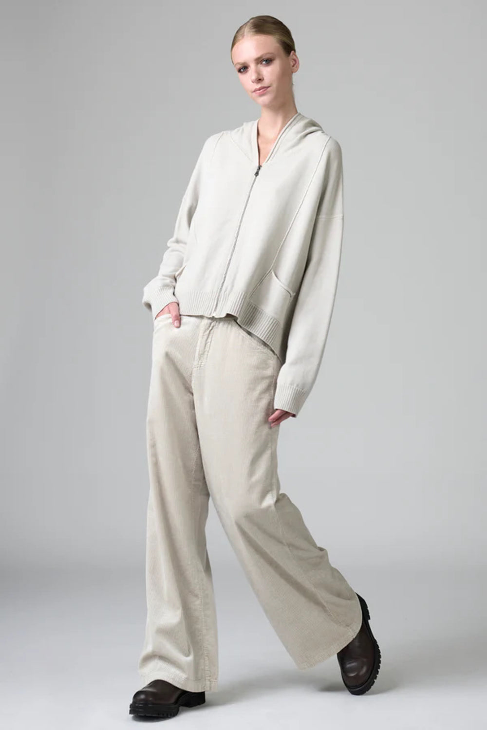 Wool Blend Zip Hooded Jacket Chalk