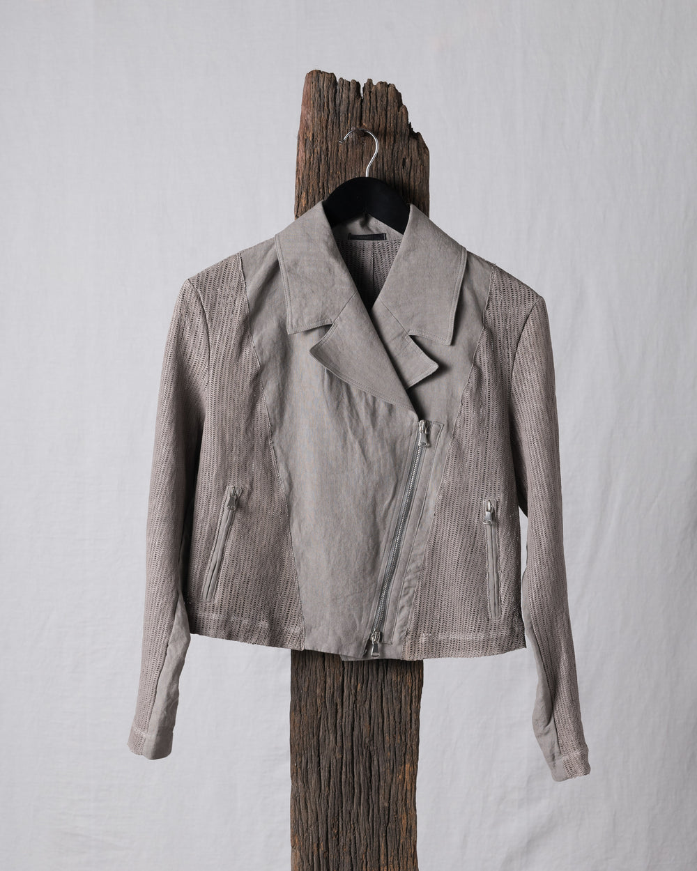 Laser-cut Leather Jacket w/ Linen Grey