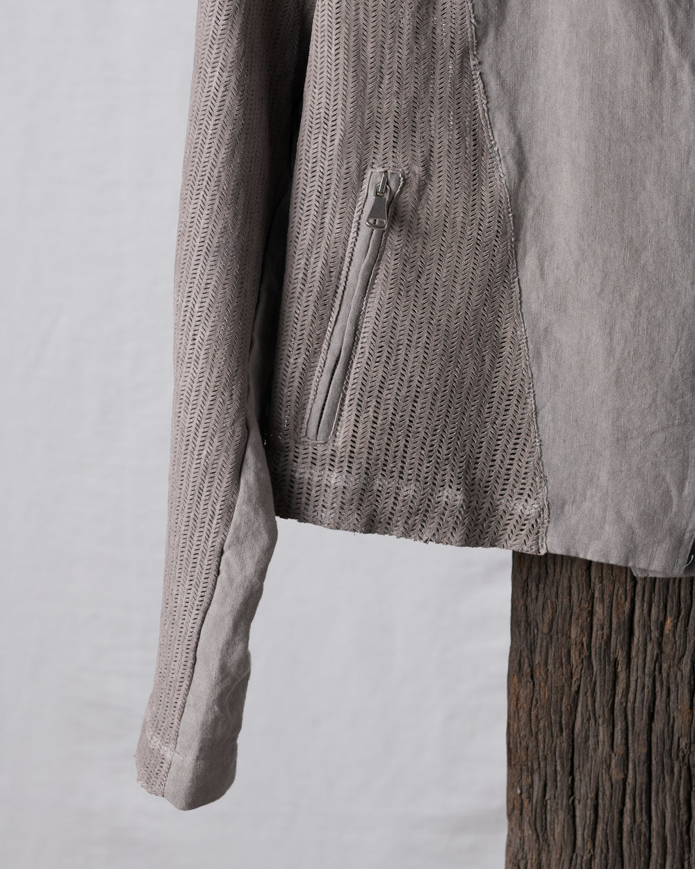 Laser-cut Leather Jacket w/ Linen Grey