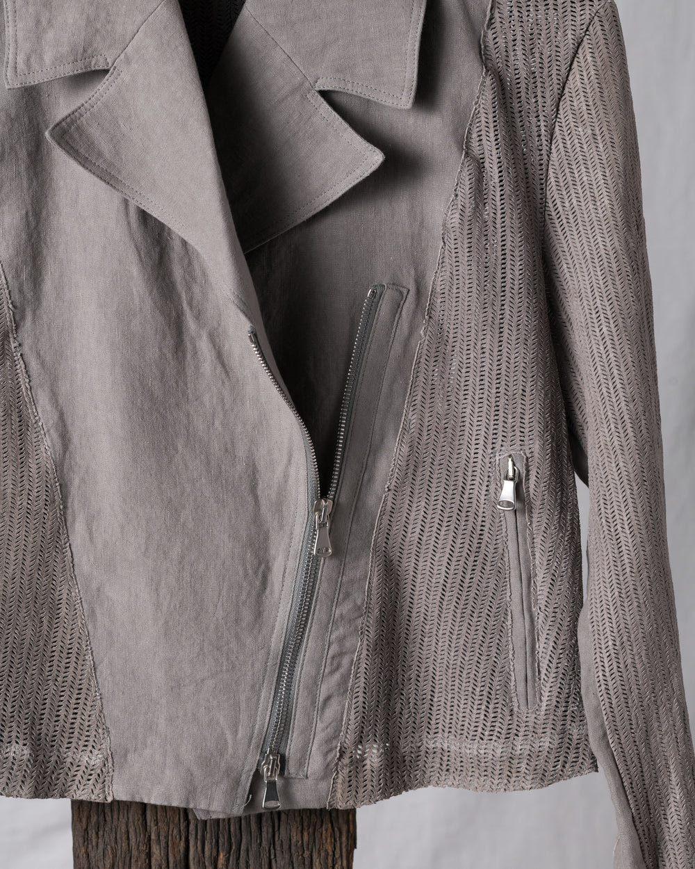 Laser-cut Leather Jacket w/ Linen Grey