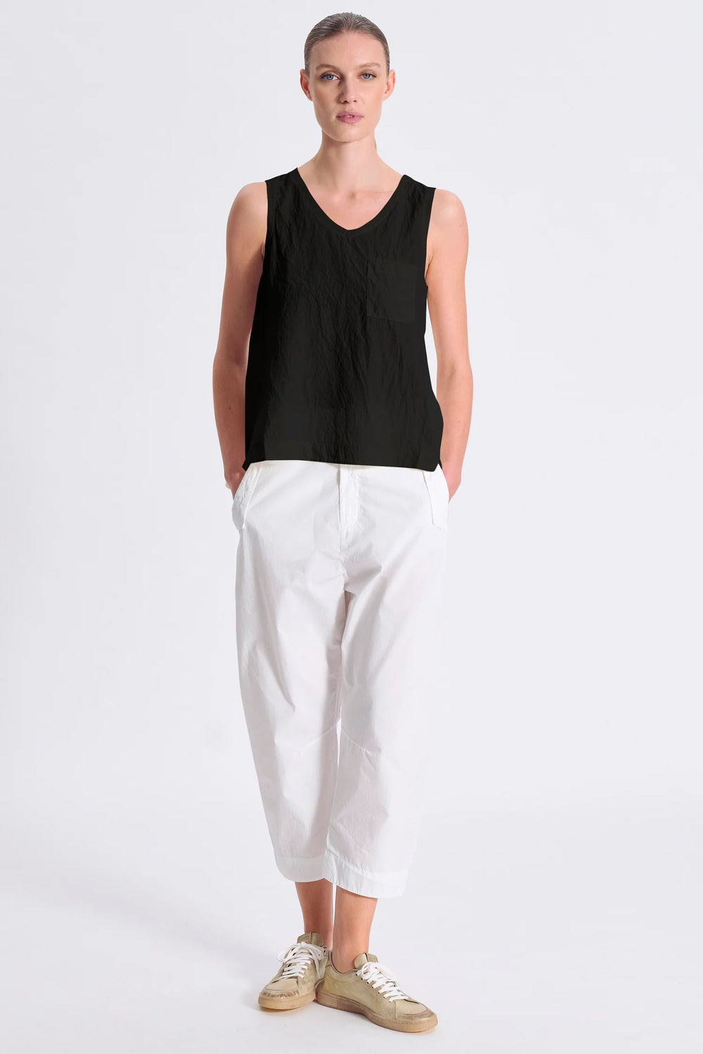 Flared Tank Top V Neck Silk Black