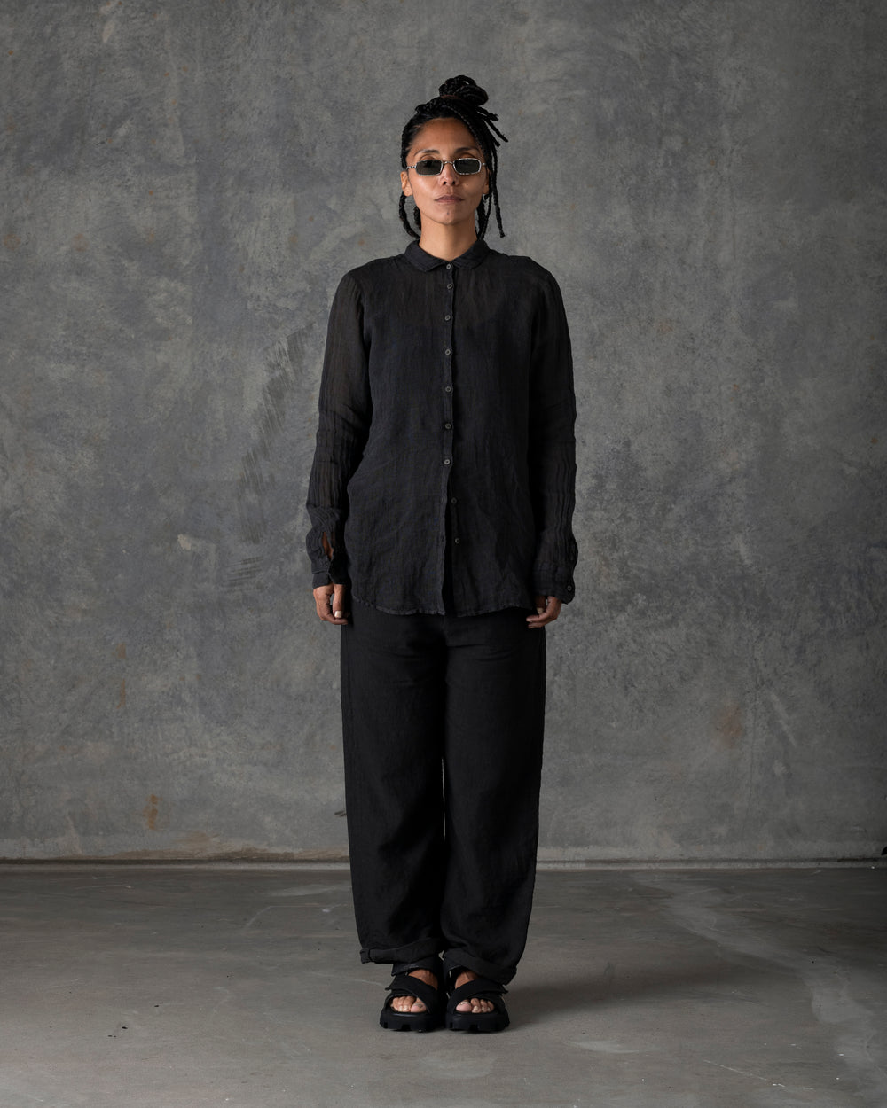 Relaxed Linen Shirt Mandarin Collar Dark Grey T-200