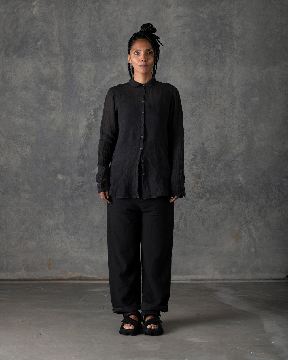 Relaxed Linen Shirt Mandarin Collar Dark Grey T-200