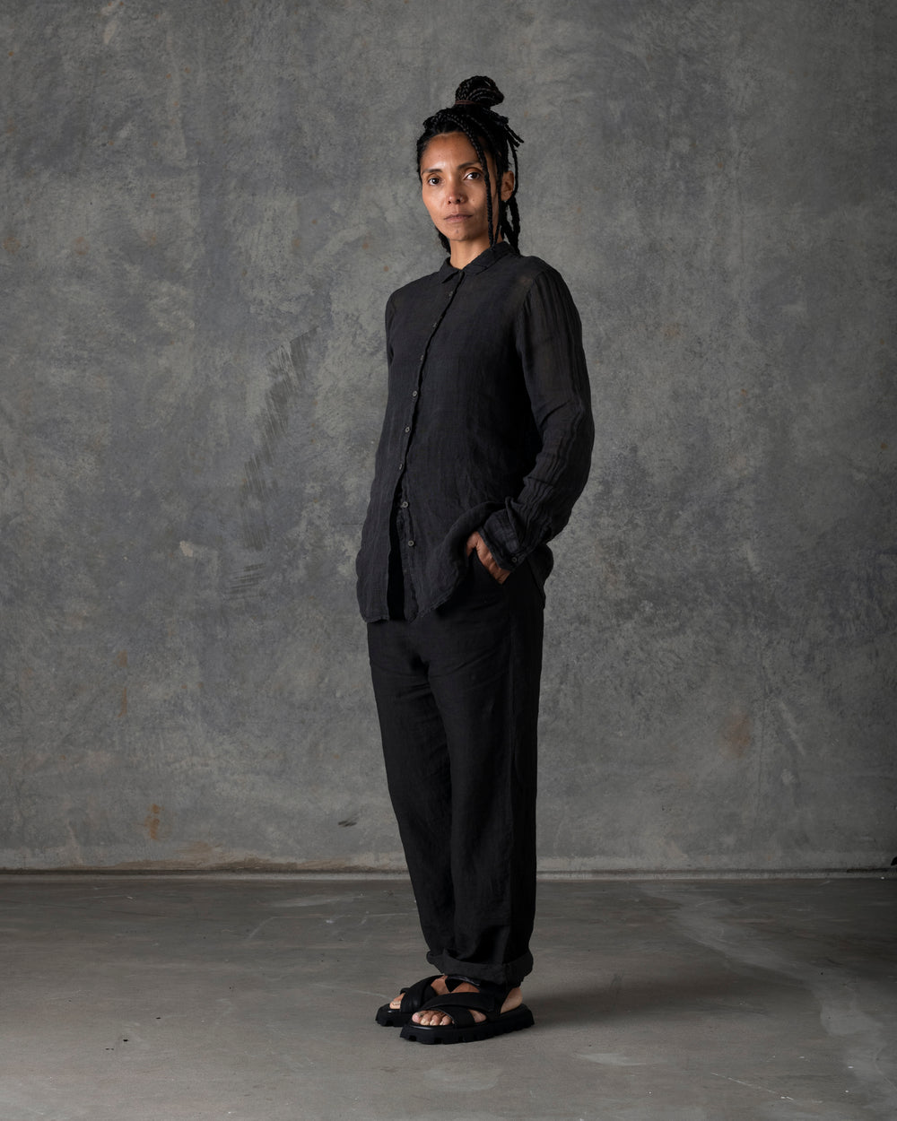 Relaxed Linen Shirt Mandarin Collar Dark Grey T-200
