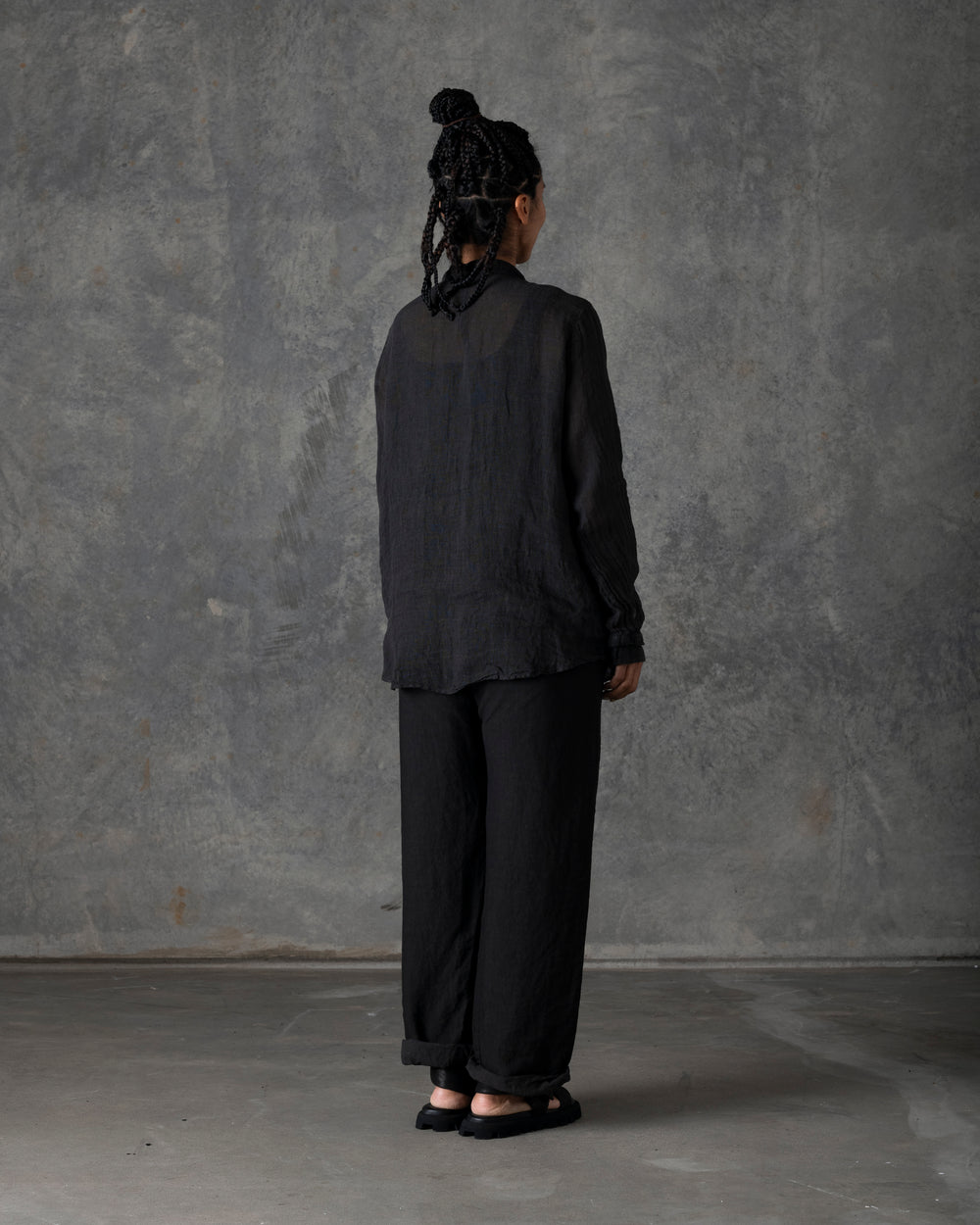 Relaxed Linen Shirt Mandarin Collar Dark Grey T-200