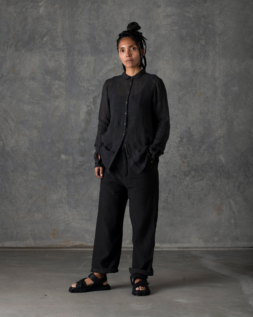 Relaxed Linen Shirt Mandarin Collar Dark Grey T-200