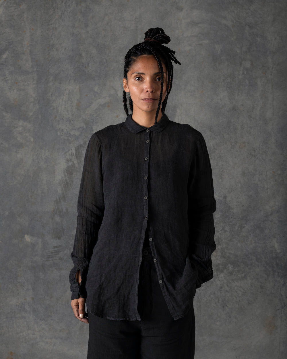 Relaxed Linen Shirt Mandarin Collar Dark Grey T-200