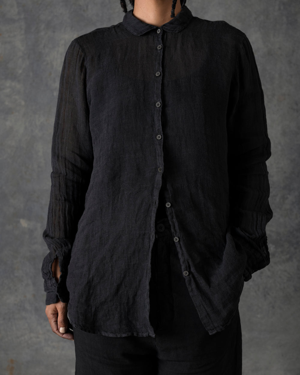 Relaxed Linen Shirt Mandarin Collar Dark Grey T-200
