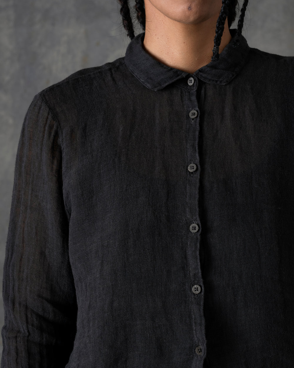 Relaxed Linen Shirt Mandarin Collar Dark Grey T-200