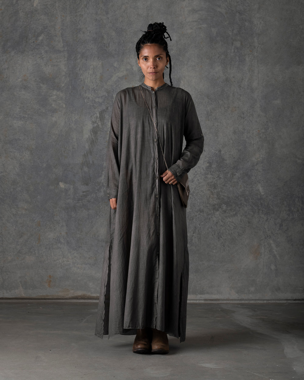Long Large Cotton Shirt Dark Grey / Brown T-213