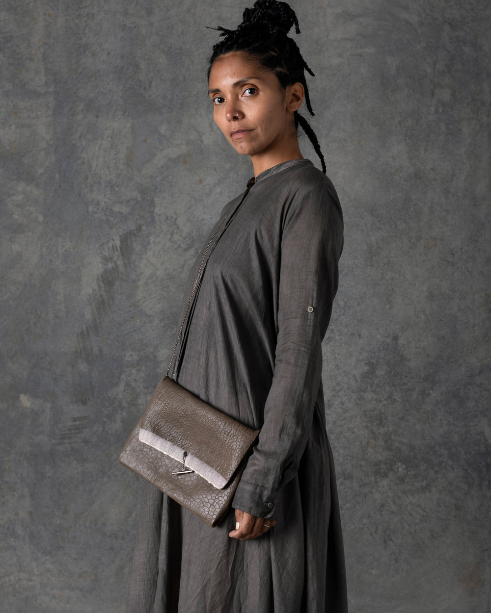 Long Large Cotton Shirt Dark Grey / Brown T-213