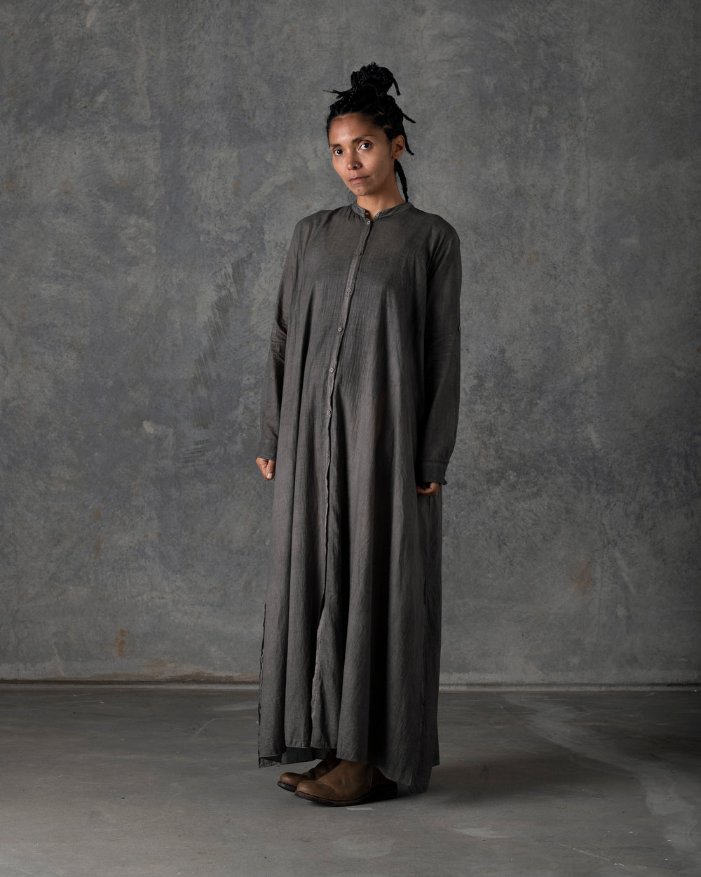 Long Large Cotton Shirt Dark Grey / Brown T-213