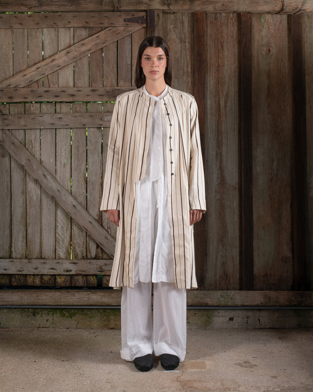 Long Jacket Linen Cotton Stripe Natural