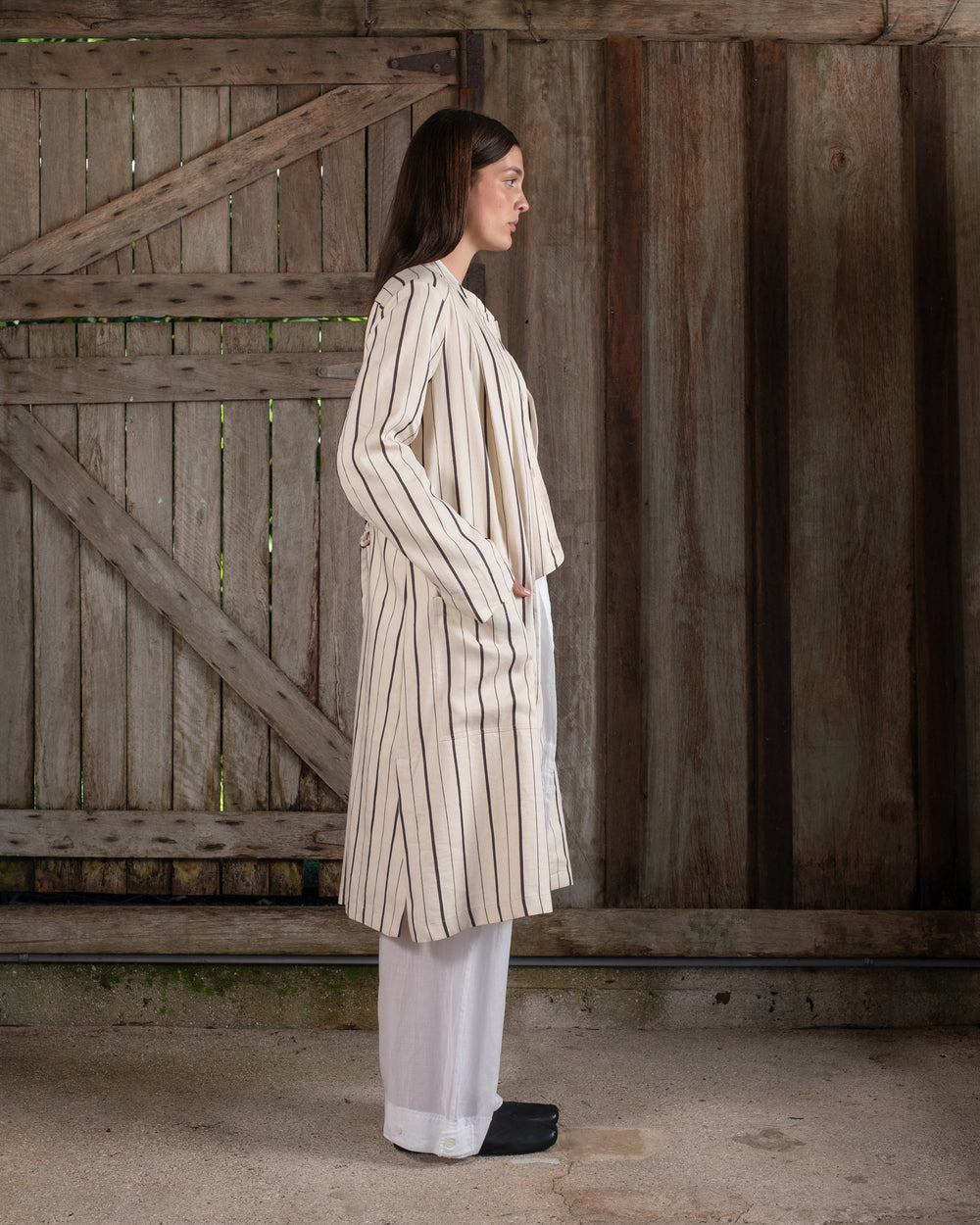 Long Jacket Linen Cotton Stripe Natural