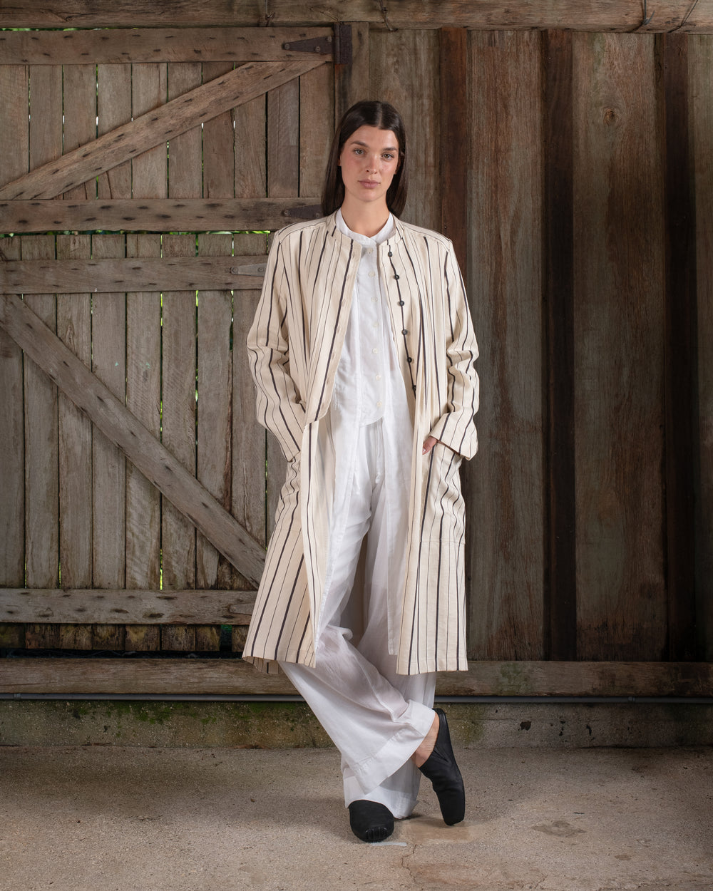 Long Jacket Linen Cotton Stripe Natural