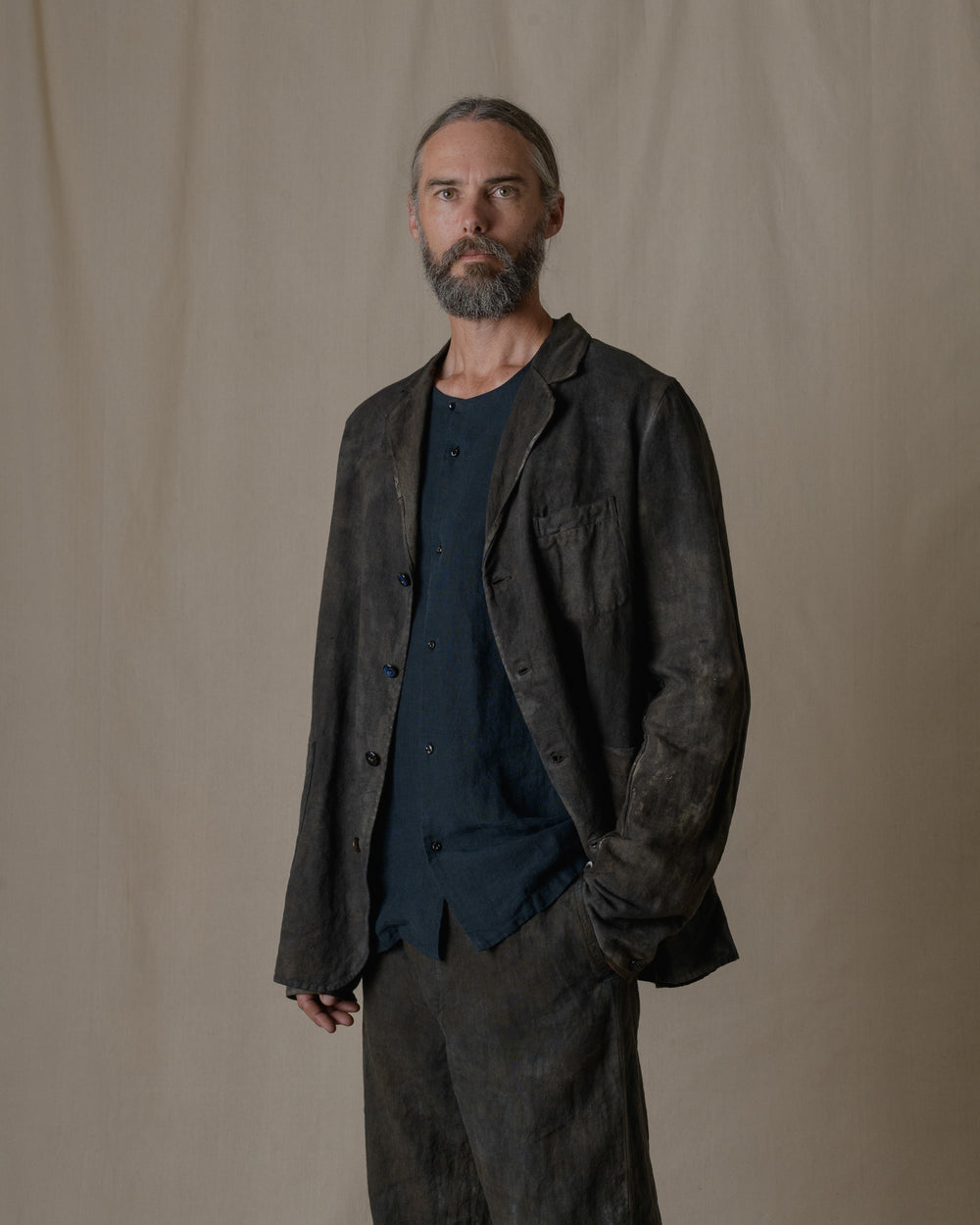 Simple Stitiched Jacket Antique Linen in Ash Glaze