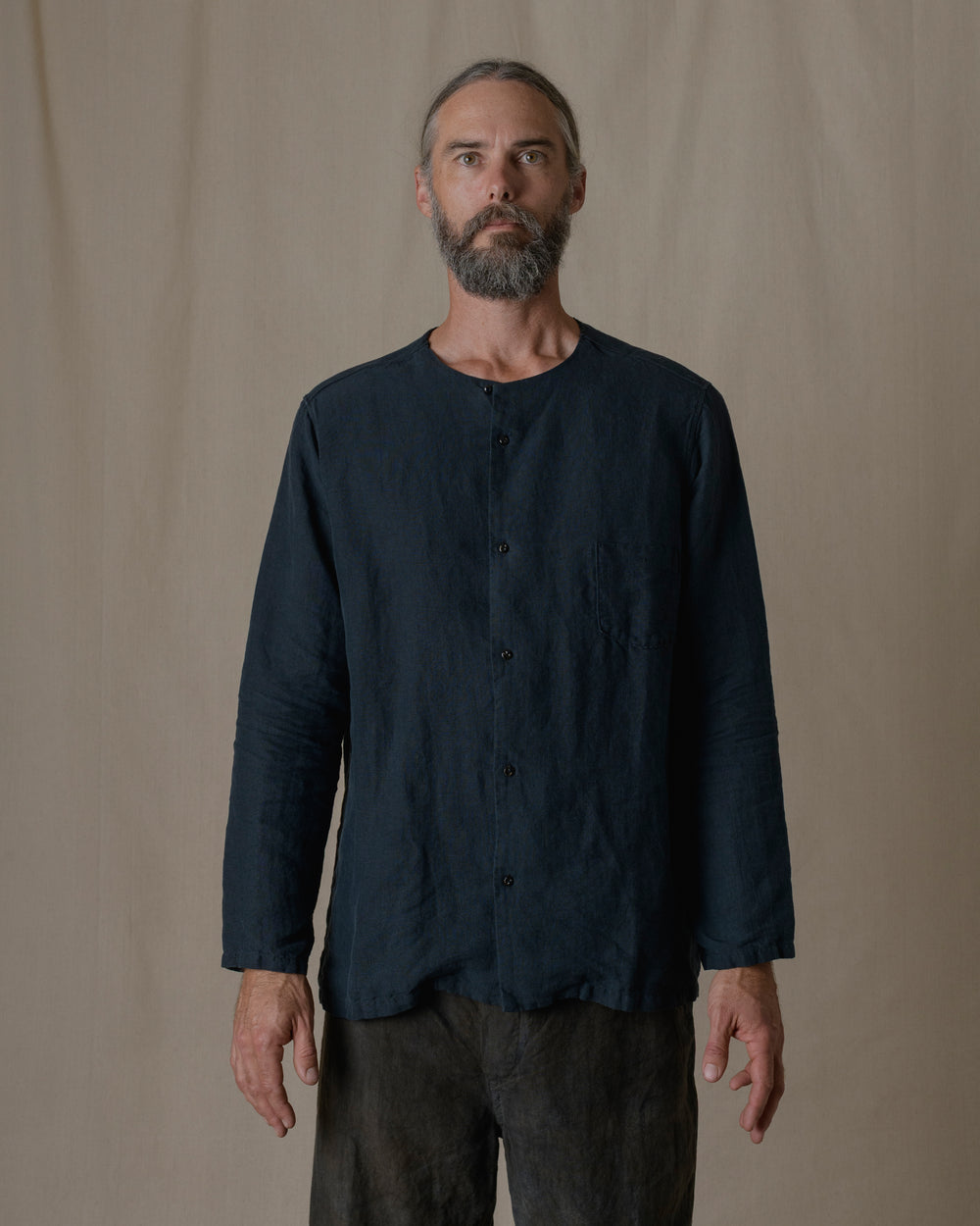 Unisex No Collar Plain Shirt Hemp in Black